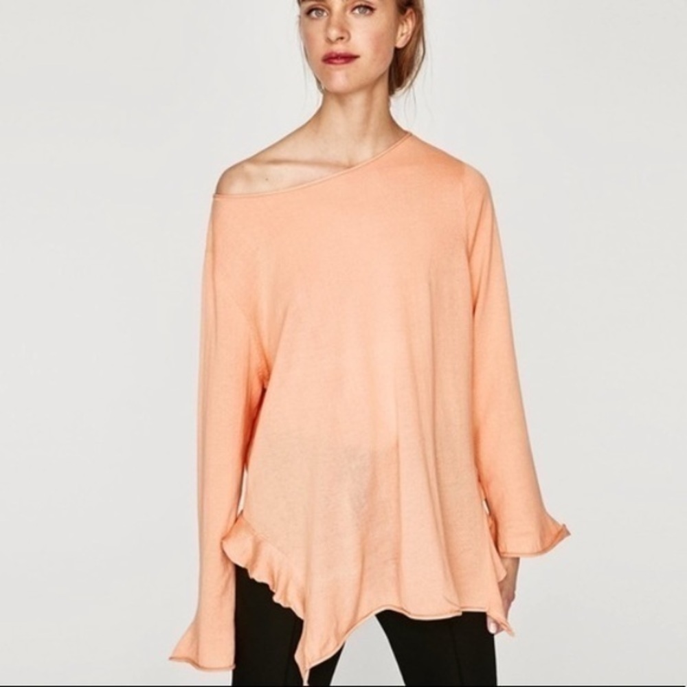 Zara Knit Womens Size Small Top Oversized Cotton Ruffle Hem Sweater Pullover SM